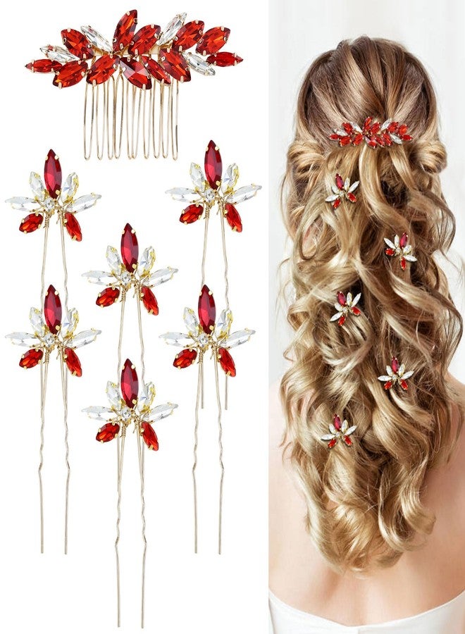 Dizila 7 Pieces Decorative Red Party Prom Wedding Bridal Rhinestone Hair Side Comb+U-shaped Hair Pins Accessories for Women Girls Brides Bridesmaids - Image 1